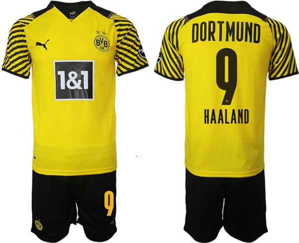 Men's Borussia Dortmund #9 Erling Haaland Yellow Home Soccer Jersey Suit